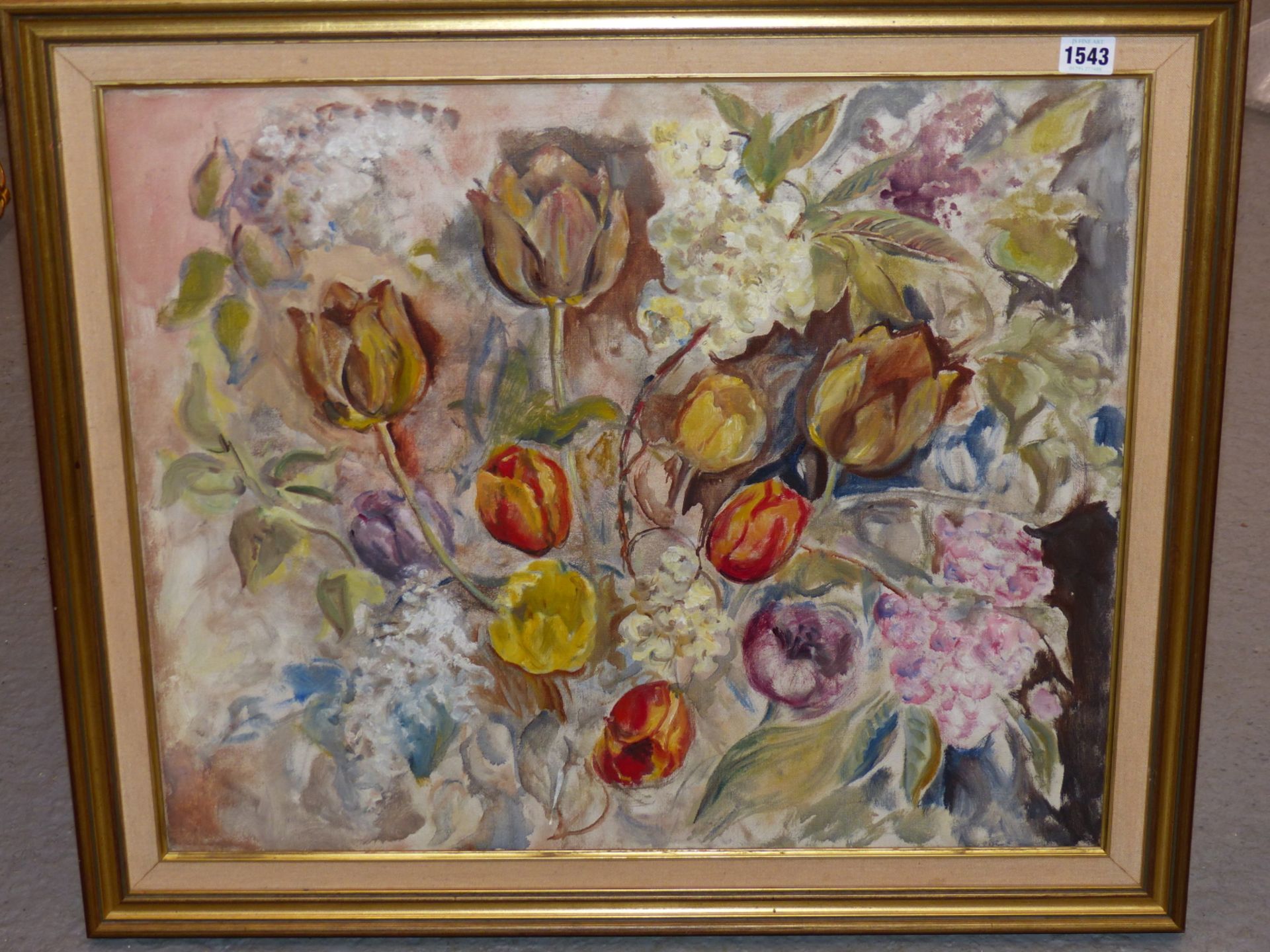 20TH CENTURY SCHOOL. STUDY OF TULIPS AND OTHER FLOWER , OIL ON CANVAS. SIGNED INDISTINCTLY L/R. 60 X - Image 2 of 3