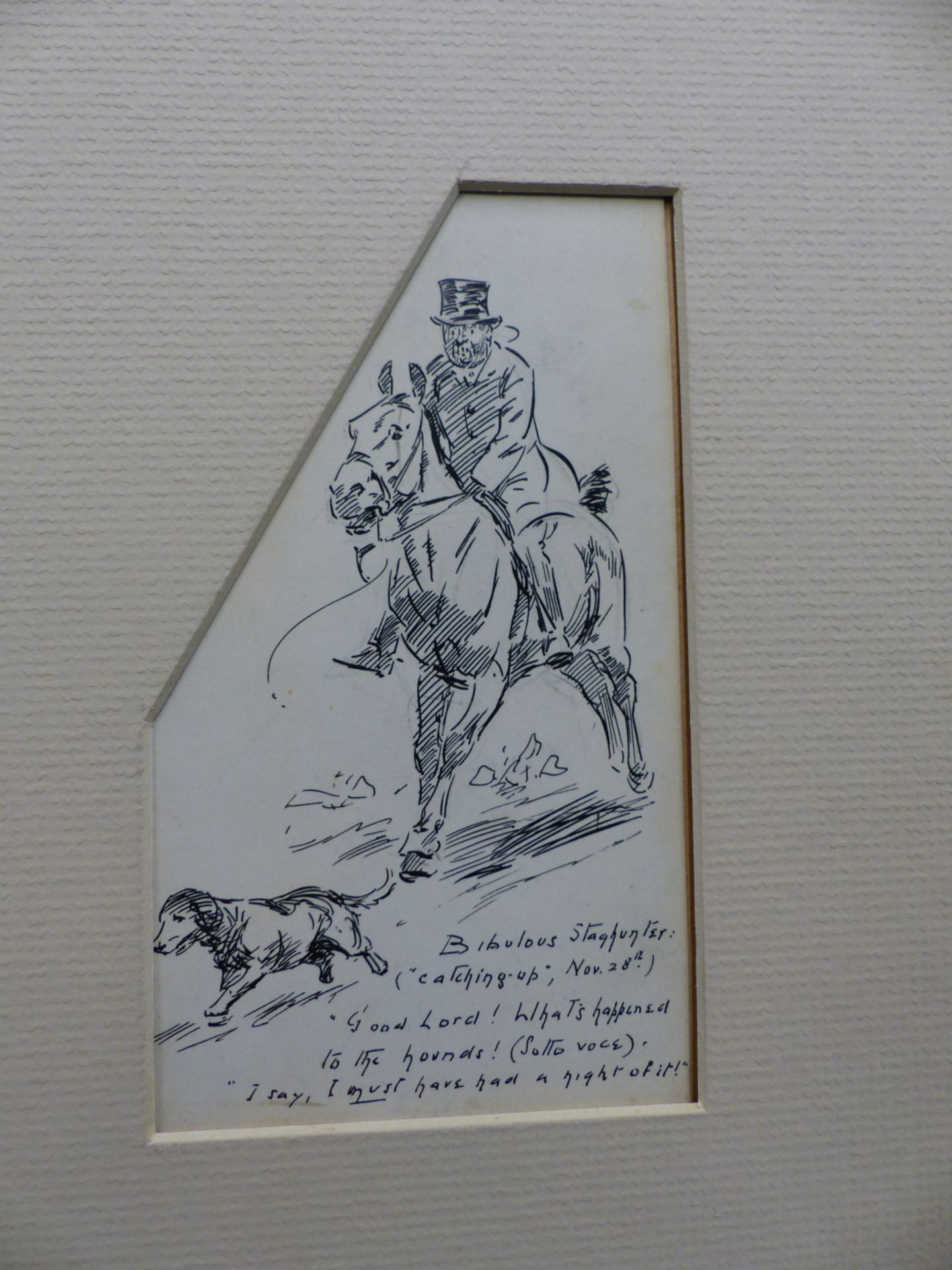 EARLY 20TH CENTURY SCHOOL. TWO HUMOROUS. HUNTING SKETCHES. PEN AND INK. MOUNTED AS ONE. MOUNT - Image 2 of 4