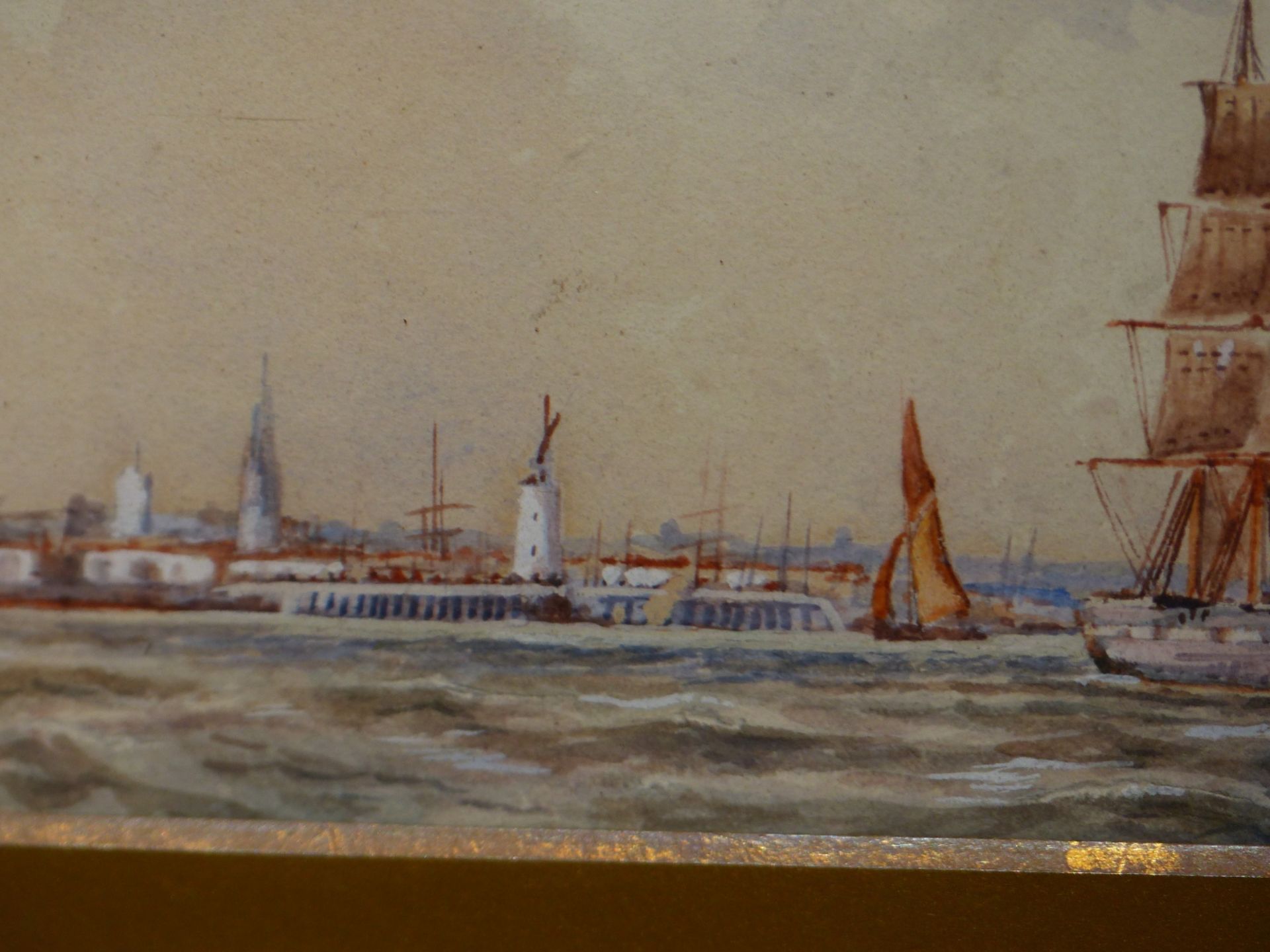 19TH CENTURY SCHOOL. SHIIPPING SCENE. OFF CALAIS, WATERCOLOUR. TITLED L/R. 26 X 9 cm. - Image 3 of 7