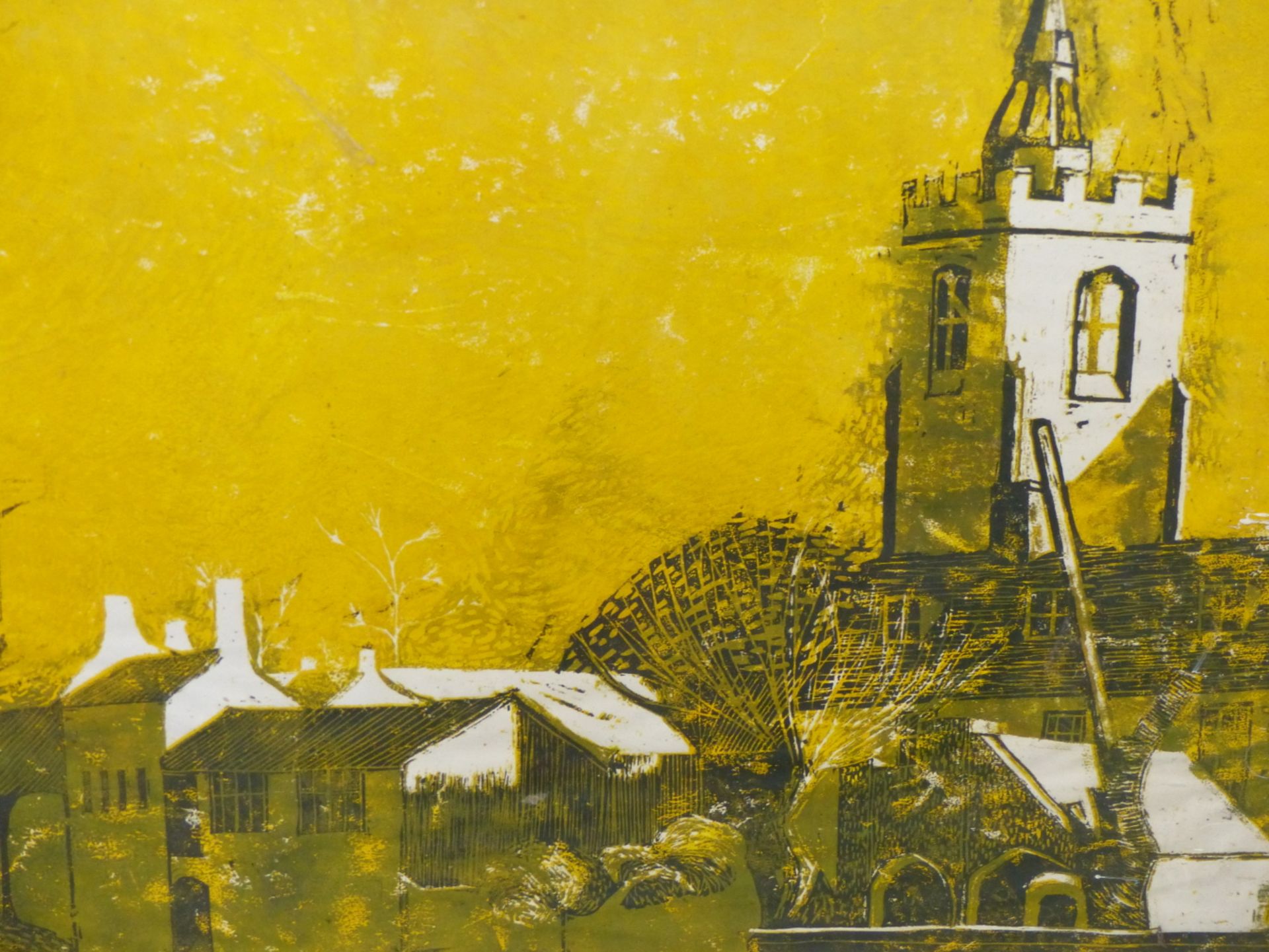 20th C. ENGLISH SCHOOL IN THE MANNER OF JOHN PIPER, COLOUR PRINT OF A VILLAGE SCENE. 60 x 90cms