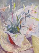MARGARET THOMAS (1916-2016) ARR. STILL LIFE , FLOWERS IN A PLANTER. OIL ON BOARD MONOGRAM L/L,