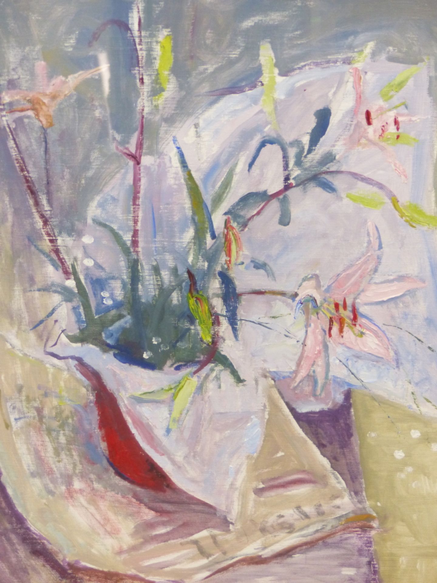 MARGARET THOMAS (1916-2016) ARR. STILL LIFE , FLOWERS IN A PLANTER. OIL ON BOARD MONOGRAM L/L,