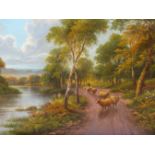 Y. HEATON (LATE 19th C. ENGLISH SCHOOL) A PAIR OF RIVER VIEWS WITH SHEEP AND CATTLE. SIGNED, OIL