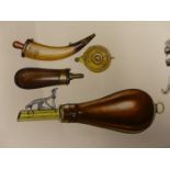 20TH CENTURY SCHOOL. STUDY OF 19TH CENTURY SHOOTING GUN ACCESORIES (POWDER AND SHOT FLASKS, BALL