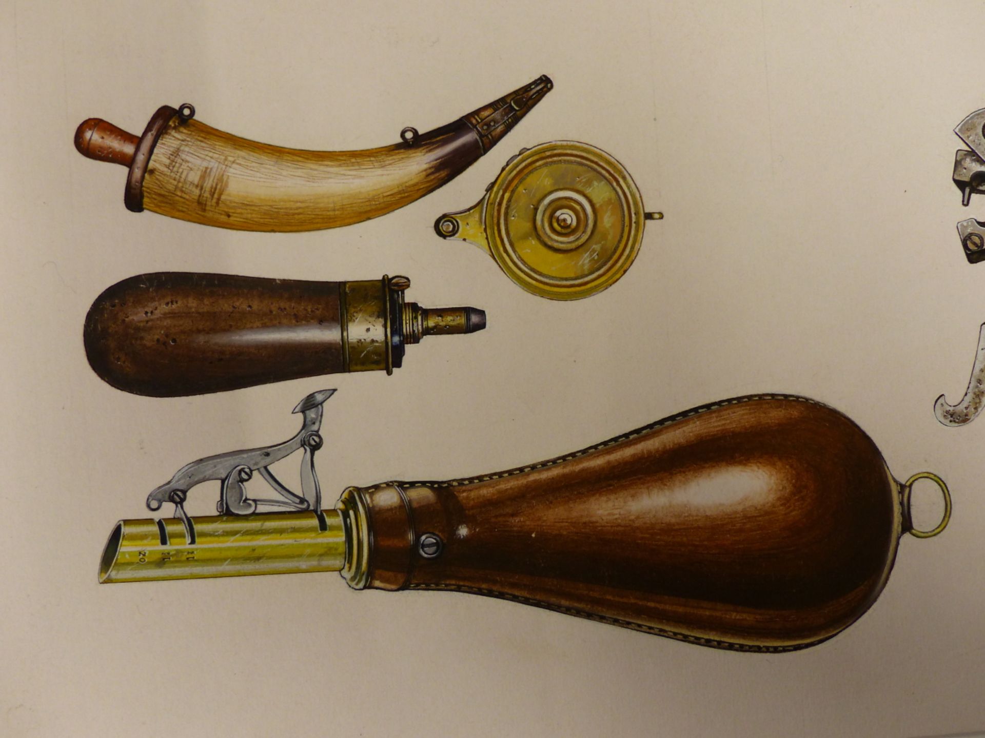 20TH CENTURY SCHOOL. STUDY OF 19TH CENTURY SHOOTING GUN ACCESORIES (POWDER AND SHOT FLASKS, BALL