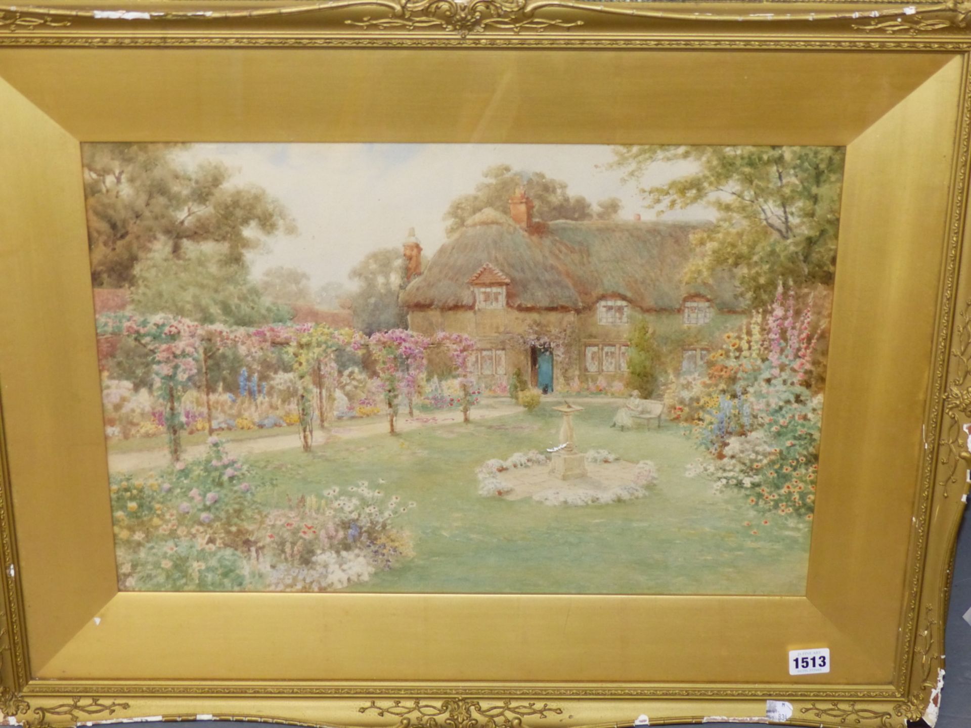 19th/20th C. ENGLISH SCHOOL READING IN THE GARDEN, SIGNED INDISTINCTLY, WATERCOLOUR. 36 x 53cms - Image 2 of 7