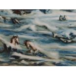 CHARLES SYKES, ENGLISH 20TH C., WHITE HORSES IN THE SURF. WATER COLOUR AND GOUACHE, 35 X 48 CM