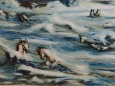 CHARLES SYKES, ENGLISH 20TH C., WHITE HORSES IN THE SURF. WATER COLOUR AND GOUACHE, 35 X 48 CM