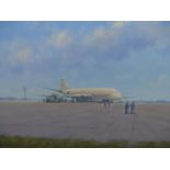 ALLEN SHUFFLEBOTHAM (1914-2010) AN RAF NIMROD, REFUELING ON THE RUNWAY. OIL ON BOARD. SIGNED L/L. 60