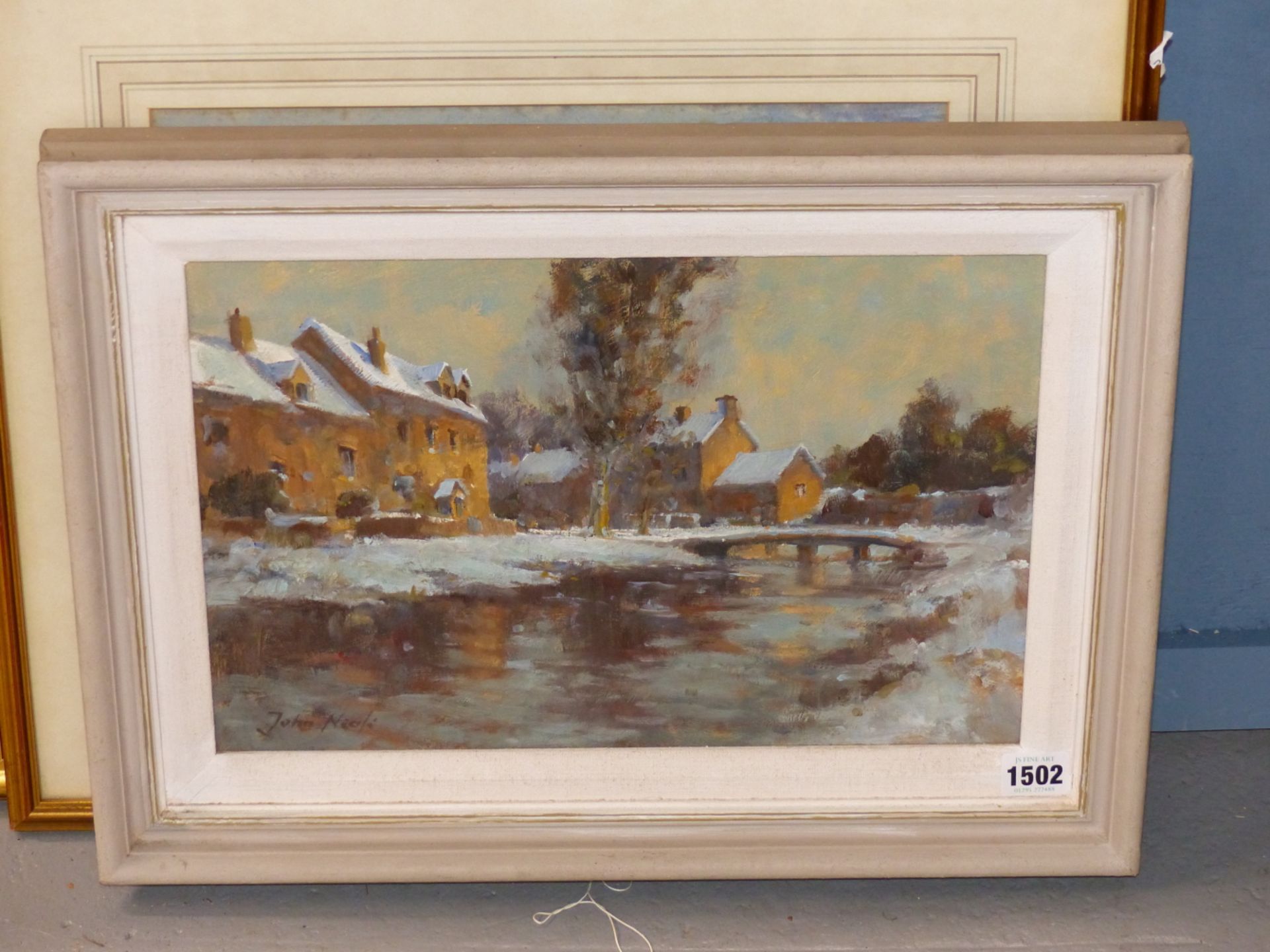 20th C. ENGLISH SCHOOL A COTSWOLD VILLAGE, LOWER SLAUGHTER, SIGNED INDISTINCTLY, OIL ON BOARD. 25 - Image 4 of 5