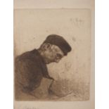 MORTIMER MEMPES, ENGLISH 1855-1938, THE OLD BRUSHMAKER. ETCHING, 14 X 10 CM