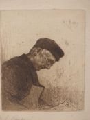 MORTIMER MEMPES, ENGLISH 1855-1938, THE OLD BRUSHMAKER. ETCHING, 14 X 10 CM