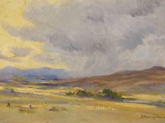 J. MURRAY THOMSON (1885-1974) ARR. A STORMY LANDSCAPE, SIGNED, OIL ON BOARD. 26 x 36cms
