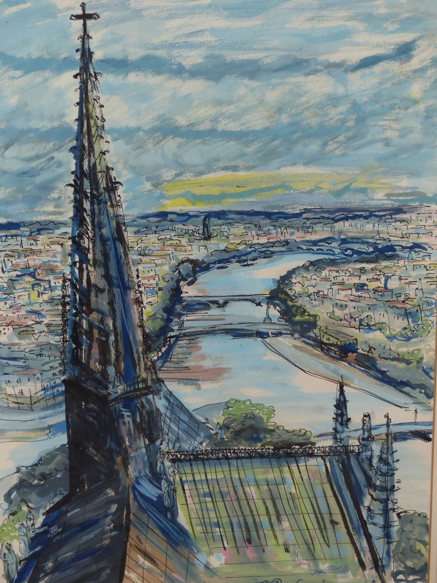 JOHN PADDY CARSTAIRS.(1916-1970) ARR. NOTRE DAME PARIS. INK AND WATERCOLOUR. SIGNED L/R LABELLED