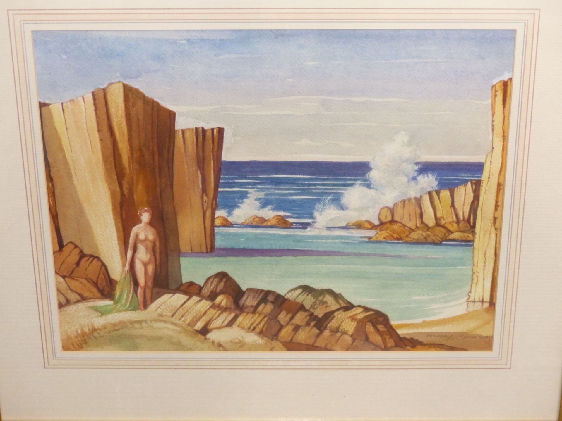 WILLIAM WALKER TELFER, SCOTTISH 1907-1993 "CYPRUS" STANDING FEMALE NUDE ON A ROCKY SHORELINE, - Image 2 of 4