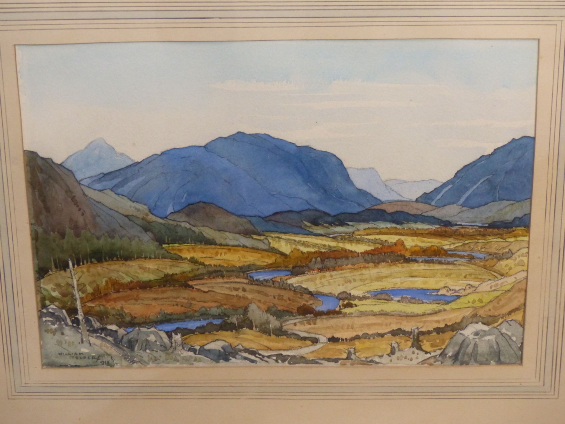 WILLIAM WALKER TELFER, SCOTTISH 1907-1993, "STRATHSPEY" A MOUNAIN SCENE OF AUTUMNAL LOWLANDS WITH - Image 3 of 4