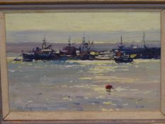 BARRY A PECKHAM. (20TH /21ST CENTURY) KEYHAVEN- SHIPPING IN A PORT. OIL ON BOARD. SIGNED L/L AND