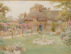 19th/20th C. ENGLISH SCHOOL READING IN THE GARDEN, SIGNED INDISTINCTLY, WATERCOLOUR. 36 x 53cms