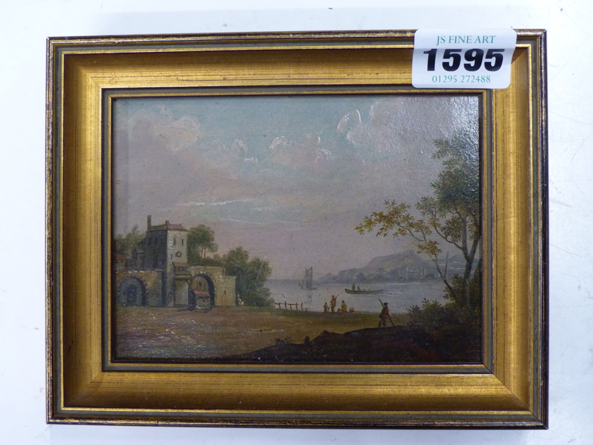 19TH CENTURY SCHOOL. CONTINENTAL VIEW WITH LAKESIDE VILLA. OIL ON BOARD. 12 X 8 cm. - Image 2 of 3
