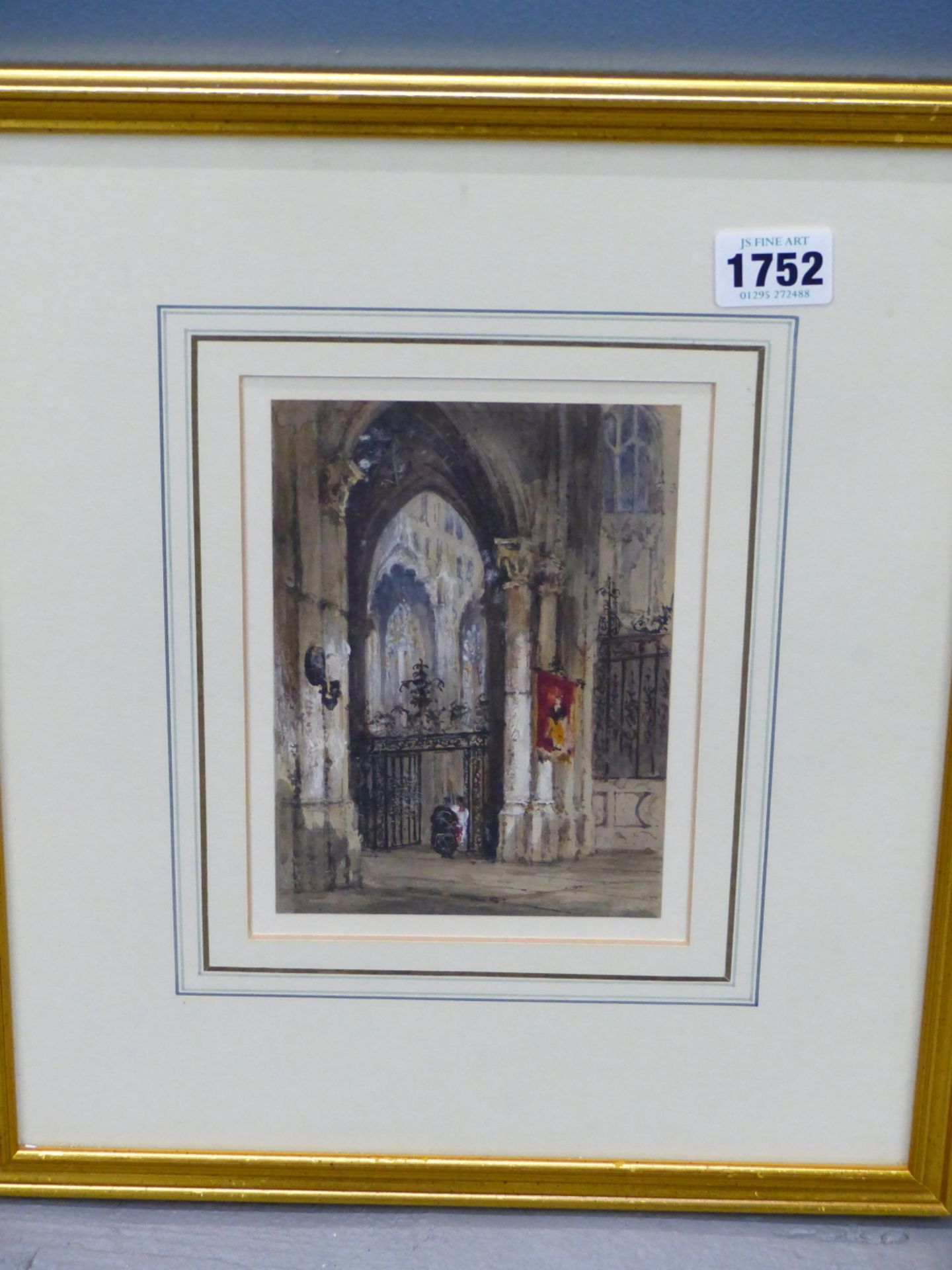 MANNER OF JAMES HOLLAND (1797-1870) CHURCH INTERIOR. WATERCOLOUR. 11 X 16.5 cm. TOGETHER WITH A - Image 2 of 5