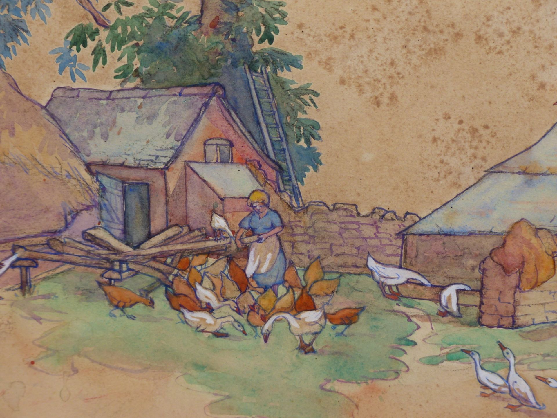 E. CHOLMELEY- HARRISON ( EARLY 20TH CENTURY) FEEDING THE HENS AND GEESE- WATERCOLOUR. SIGNED L/L. 52 - Image 4 of 5