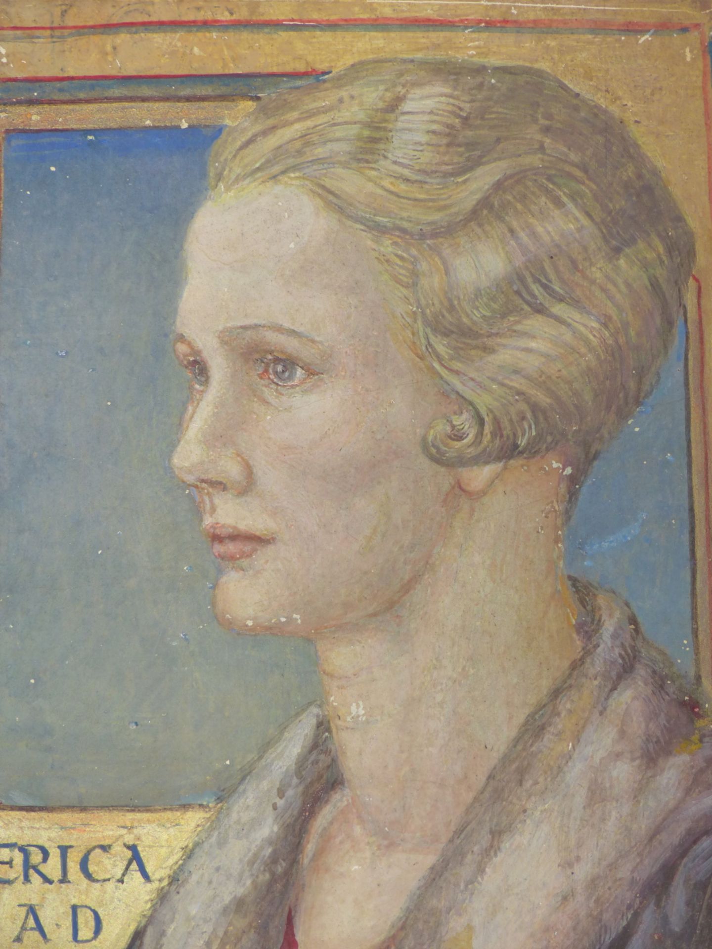 J.B. (1ST HALF 20TH CENTURY) ERICA- PORTRAIT OF A LADY. WATERCOLOUR AND GILDING. DATED 1933. 14.5 - Image 2 of 6