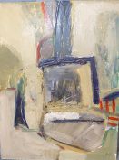 RUSSIAN SCHOOL ( 20TH CENTURY) ABSTRACT- FIGURE ON A QUAYSIDE. LABELLED IN CYRILIC VERSO. 30 X 40