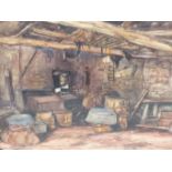 ADRIAN KEITH HILL (1895-1977) ARR. A WORKSHOP INTERIOR. WATERCOLOUR SIGNED L/R. 50 X 33 cm.