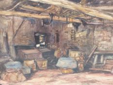 ADRIAN KEITH HILL (1895-1977) ARR. A WORKSHOP INTERIOR. WATERCOLOUR SIGNED L/R. 50 X 33 cm.