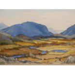 WILLIAM WALKER TELFER, SCOTTISH 1907-1993, "STRATHSPEY" A MOUNAIN SCENE OF AUTUMNAL LOWLANDS WITH