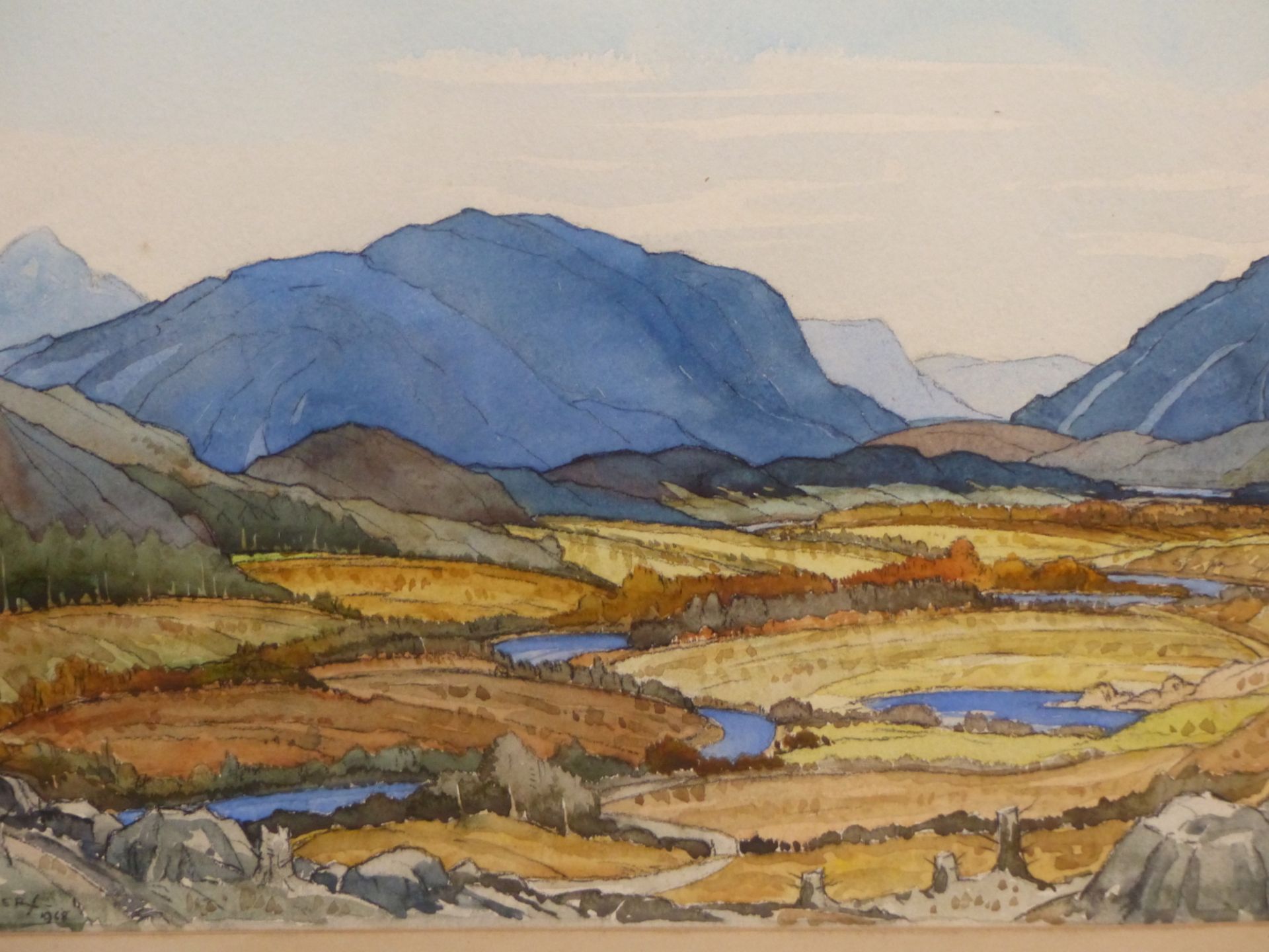 WILLIAM WALKER TELFER, SCOTTISH 1907-1993, "STRATHSPEY" A MOUNAIN SCENE OF AUTUMNAL LOWLANDS WITH