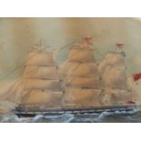 AN ANTIQUE VICTORIAN COLOUR PRINT OF A CLIPPER SHIP IN A SHAPED MOUNT WITHIN A MAPLE FRAME.