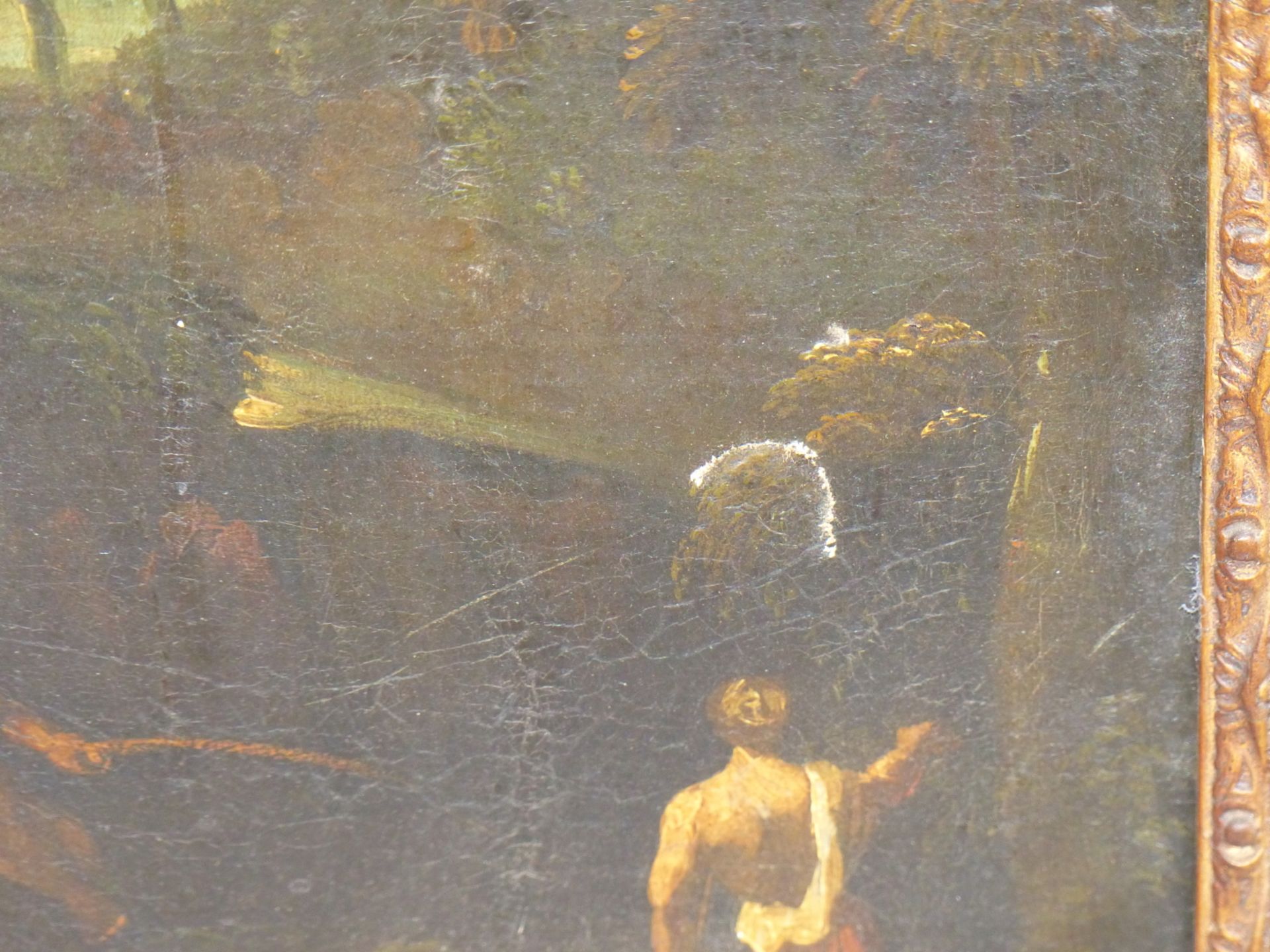 17TH /18TH CENTURY OLD MASTER SCHOOL. TWO FIGURES BY A WOODLAND STREAM. OIL ON CANVAS. THE GILT - Image 14 of 16