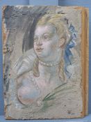 20TH CENTURY. - A SEMI CLAD MAIDEN. PASTEL ON CEMENT AND PINE PANEL. MONOGRAMMED INDISTINCTLY L/R 13