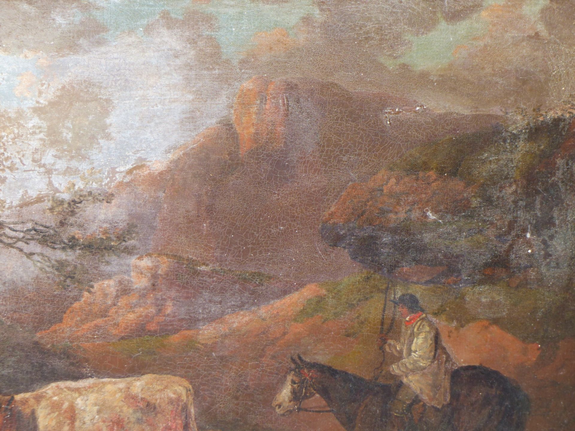 19th C. ENGLISH SCHOOL IN THE MANNER OF GEORGE MORLAND. HERDING THE CATTLE, OIL ON CANVAS. 41 x - Image 9 of 11