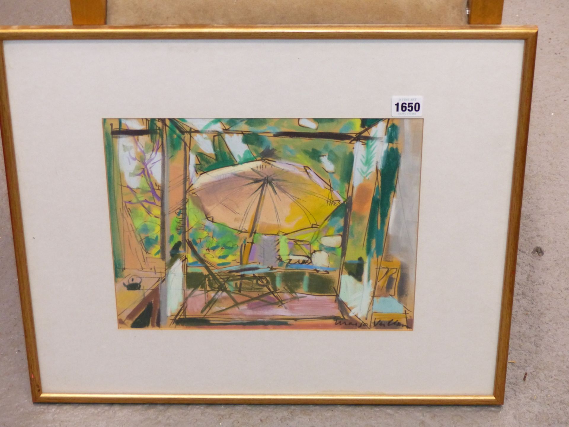 MARGO VEILLON (1907-2003) ARR. DECK CHAIR WITH PARASOL. WATERCOLOUR. SIGNED L/R. 32 X 25 cm. - Image 3 of 5