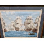 MONTAGUE DAWSON.(1890-1973) BATTLE OF TRAFALGAR. COLOUR LITHOGRAPH. PENCIL SIGNED WITH PRINTERS