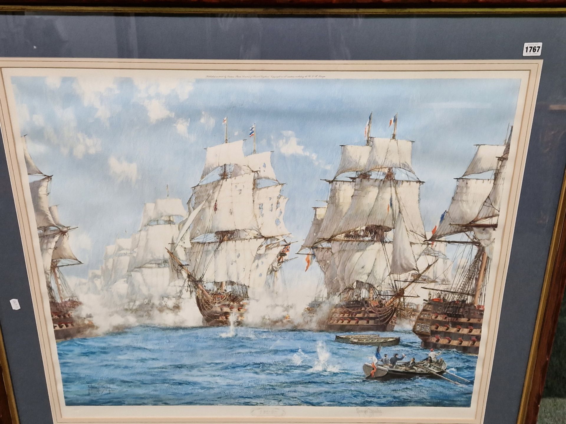 MONTAGUE DAWSON.(1890-1973) BATTLE OF TRAFALGAR. COLOUR LITHOGRAPH. PENCIL SIGNED WITH PRINTERS