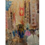 LEONARD DANIEL PHILPOT, ENGLISH 1877-1973, A PAIR OF VIBRANT HONG KONG CITY STREET SCENES. 1939-40