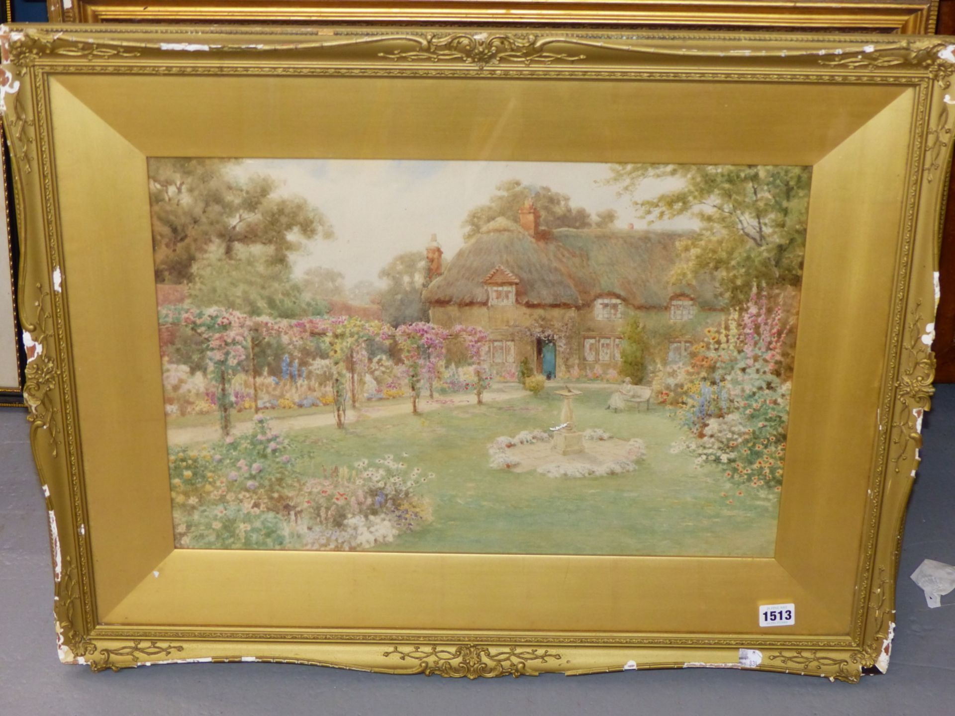 19th/20th C. ENGLISH SCHOOL READING IN THE GARDEN, SIGNED INDISTINCTLY, WATERCOLOUR. 36 x 53cms - Image 3 of 7