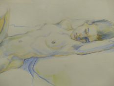 MARY TREHERNE ( 20TH CENTURY ) ARR. NUDE STUDY WATERCOLOUR. SIGNED L/R DATED 15/10/98 74 X 49 cm.