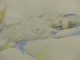 MARY TREHERNE ( 20TH CENTURY ) ARR. NUDE STUDY WATERCOLOUR. SIGNED L/R DATED 15/10/98 74 X 49 cm.