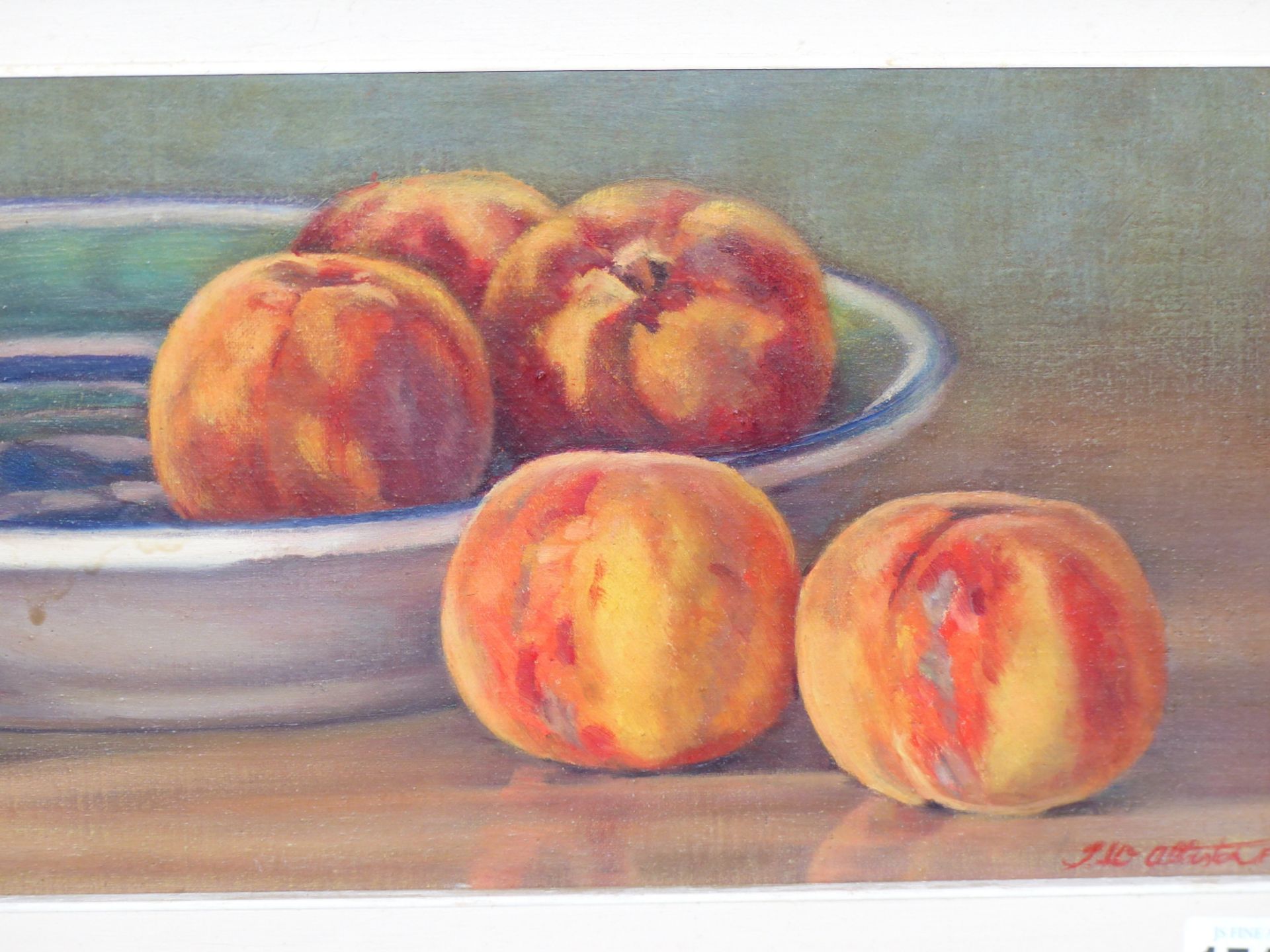 J. MACALLISTER (20th C. SCHOOL) ARR. A TABLE TOP STILL LIFE OF FRUIT, OIL ON BOARD. 21 x 60cms - Image 2 of 8