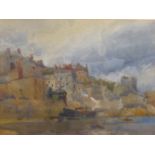 ALFRED J. COLLISTER (1869-1964) A COASTAL VILLAGE, WATERCOLOUR. 24.5 x 35cms