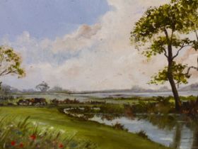 MARTIN NASH (CONTEMPORARY SCHOOL) ARR. A RIVER SCENE, INITIALLED, OIL ON BOARD. 26 x 30cms