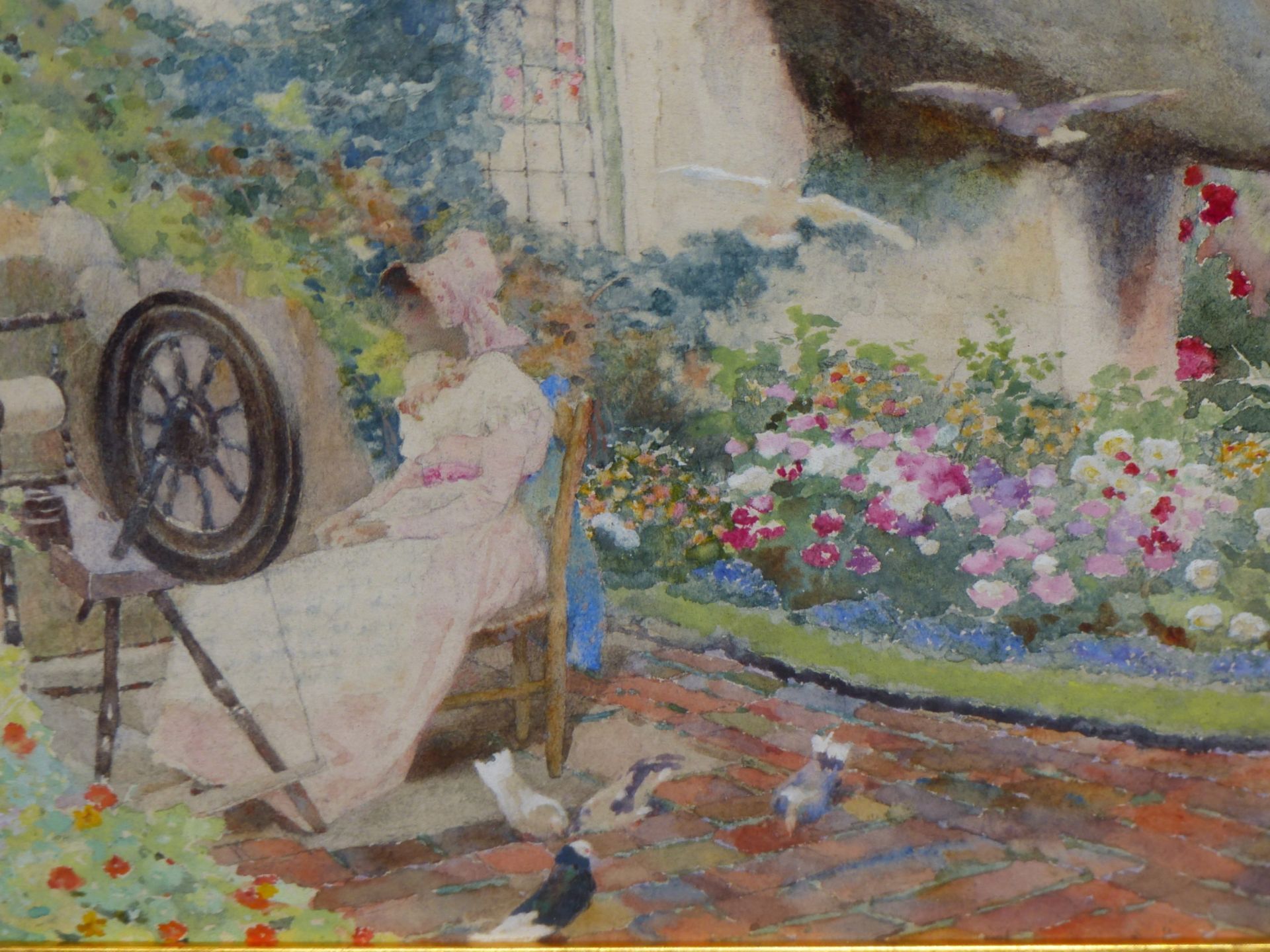 DAVID WOODLOCK (1842-1929), A LADY SEATED AT HER SPINNING WHEEL IN A COTTAGE GARDEN WITH FLOWERS AND - Image 5 of 9