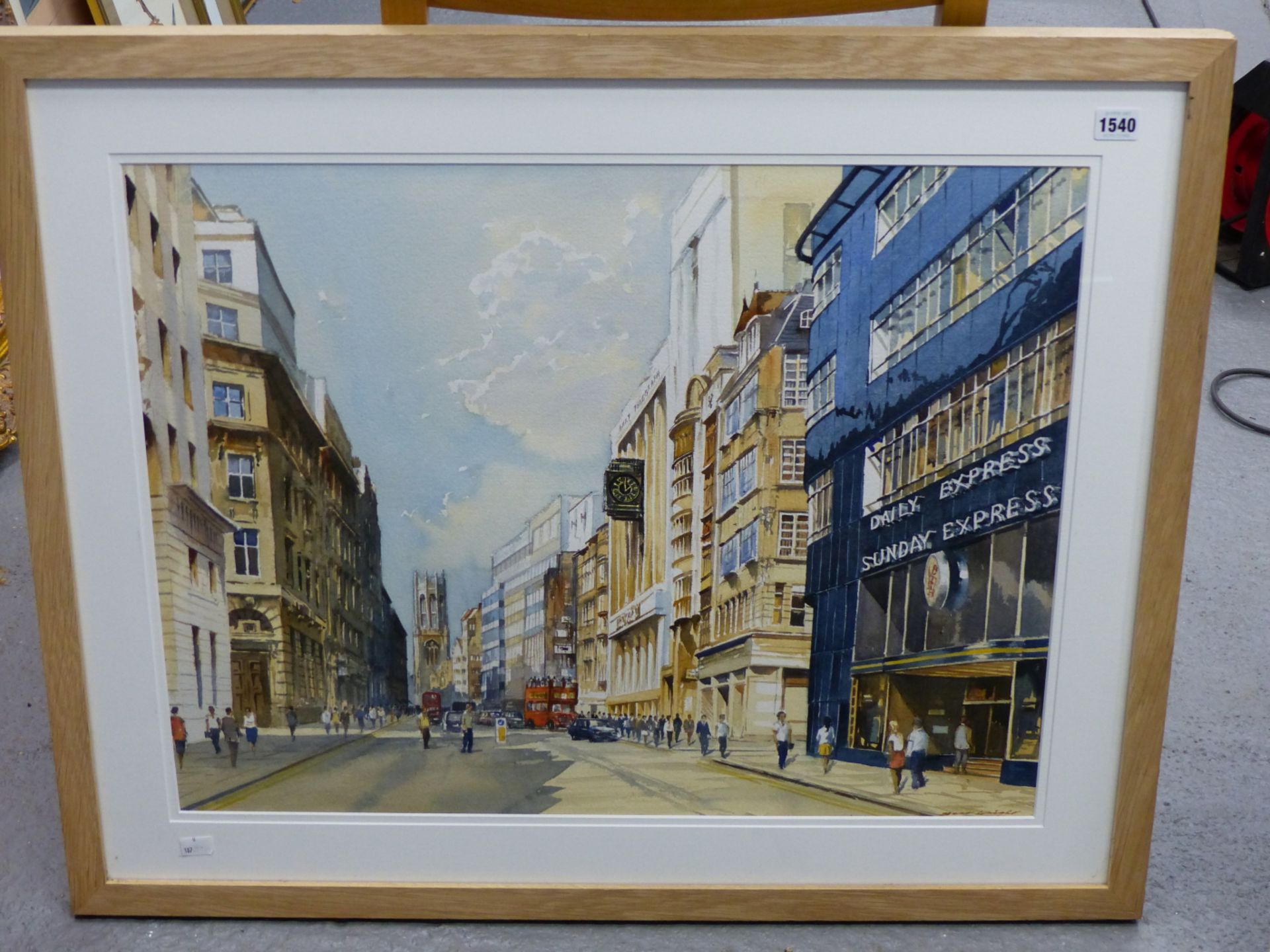 BERT WRIGHT (PPRSMA) 20TH CENTURY) ARR. FLEET STREET- WATERCOLOUR. SIGNED L/R 53 X 68 cm. - Image 3 of 5