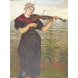 T.R.S ( 19TH CENTURY) A GIRL WITH VIOLIN IN LAKESIDE GARDEN. OIL ON CANVAS, MONOGRAMMED AND DATED