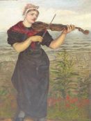 T.R.S ( 19TH CENTURY) A GIRL WITH VIOLIN IN LAKESIDE GARDEN. OIL ON CANVAS, MONOGRAMMED AND DATED