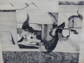 ANN THORNYCROFT, BRITISH B. 1944, "WALL" ABSTRACT COMPOSITION. NUMBERED 2 OF 20. ETCHING, 49.5 X